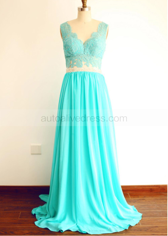 Blue Lace Chiffon Long Prom Dress